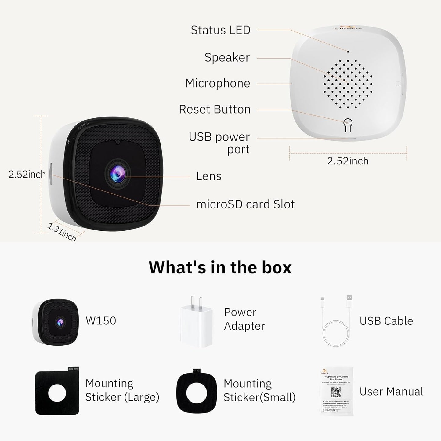 GIRAFIT 3MP 2K Window Camera,WiFi Indoor Cam